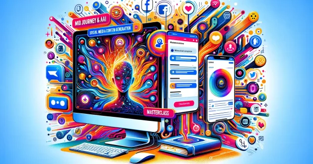 DALL·E 2024-05-15 16.02.29 - A dynamic and colorful illustration representing a masterclass on using MidJourney and ChatGPT for social media content generation. The image features